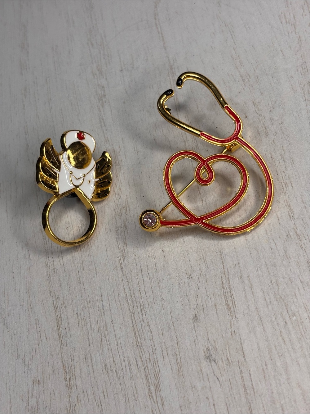 Nurse Brooch Set 🩺 Stethoscope Heart + Nurse Cap Ring Pin Bundle